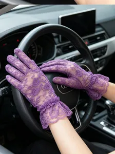 Elegant purple lace sun protection gloves, breathable mesh driving and outdoor accessory.