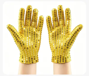 Children yellow sequin gloves, dazzling stage dance performance costume accessory for kids.