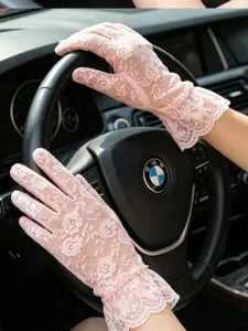 Women summer thin sunscreen lace gloves UV protection floral mesh driving gloves pink