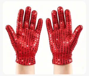 Children red sequin gloves for stage performance, dance party, and school events detail.