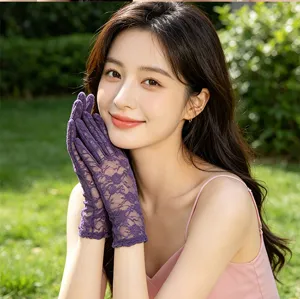 Elegant women's purple lace sunscreen gloves for summer, mesh tea party performance gloves.