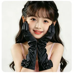 Gants longs en satin noir pour enfants détail, nœud élégant pour fête et spectacle.