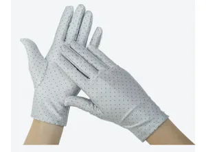Close-up detail of women's anti-UV sun protection gloves with anti-slip dots design.