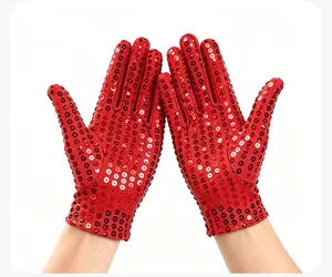 Red sequin gloves for adult stage performance, stretchy and sparkling party costume accessory.