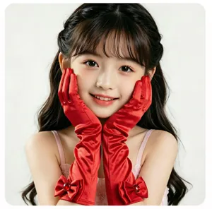 Détail de longs gants en satin rouge pour enfants, nœud élégant et accent de pierre précieuse.