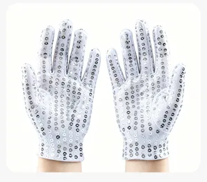 Children white sequin gloves, sparkling stage performance dance gloves, detailed view.