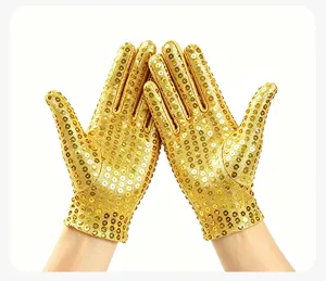 Gold sequin gloves for adult stage dance performance, elastic breathable party costume accessories.
