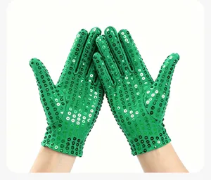 Green sequin gloves for adult stage dance performances, stretchy and sparkling party wear.