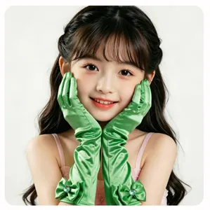 Gants longs en satin vert avec nœuds et pierres précieuses pour fête d'enfants et costume