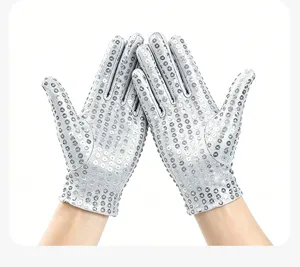 Silver sequin gloves for adult stage dance performance and party costume decoration detail view.
