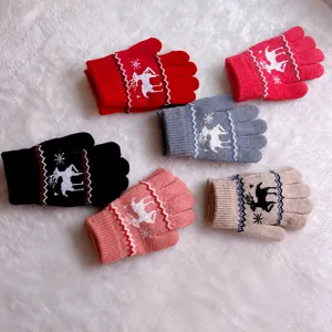 Kids thermal knit gloves with cute deer pattern, fleece lined warm winter gloves for 5-12 years