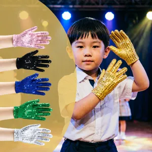 Kids Sequin Performance Gloves Stretch Five-Finger Stage Dance Gloves Party Dress Up Costume Accessories