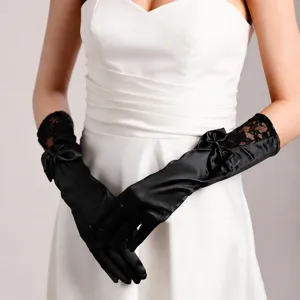 Elegant black satin long gloves with delicate lace and cute bow for bridal wedding party.