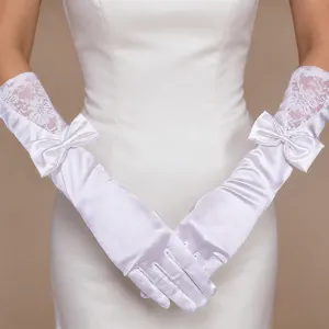Long white satin bridal gloves with lace and bows elegant wedding accessories main view