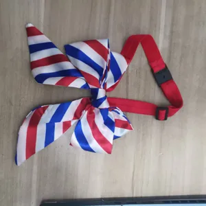 Close up detail of red white and blue striped pet bow tie collar with elastic band.
