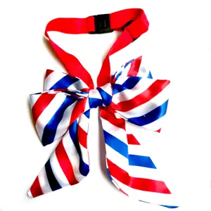 Independence Day pet bow tie collar with red white blue stripes and adjustable elastic strap.