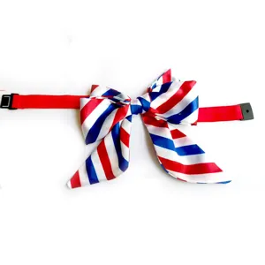 Red white blue striped pet bow tie collar detail close-up, adjustable elastic strap accessory.