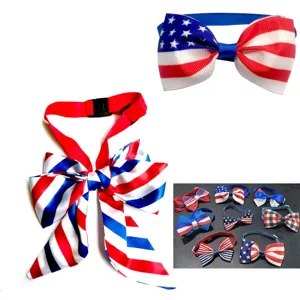 Independence Day Patriotic Pet Bowknot Collar Red White Blue Striped Dog Bowtie Neckband Adjustable Elastic Cord Cat Scarf Ornaments