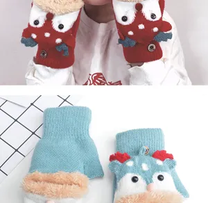 Kids winter warm cartoon knitted half finger convertible flip gloves plush thick cute