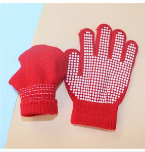 Kids red knit non-slip gloves with white dots for daily wear and school activities detail