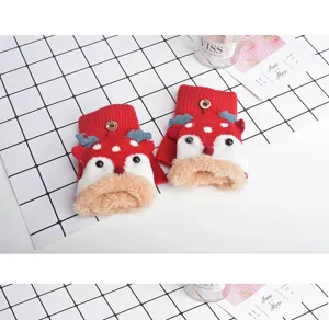 Cute kids winter half-finger fleece-lined thick warm cartoon gloves for boys and girls everyday.
