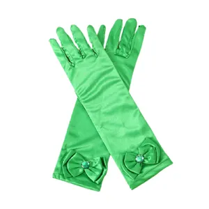 Kids green satin long gloves with bows princess dress costume performance accessories pair