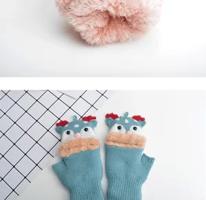 Children winter warm plush cartoon knit gloves detail view, half finger flip design for kids.