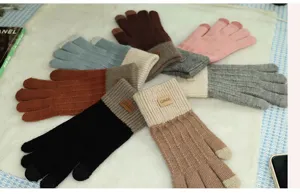 Dettaglio guanti touchscreen in maglia, esposizione piatta di guanti invernali caldi multicolore.