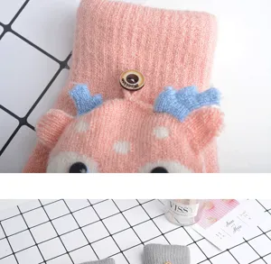 Children winter cute cartoon deer half-finger flip knit gloves warm thick kids mittens