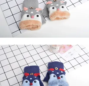 Cute winter children half finger plush warm gloves with lovely cartoon design for kids daily wear.