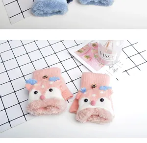 Children winter knit half-finger flip gloves cute deer design plush warm student writing gloves