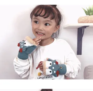 Kids winter half-finger flip gloves, cute animal design, warm fleece lined for children.