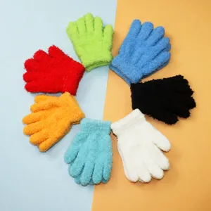 Kids winter fuzzy knit gloves warm stretch mittens colorful for children age 3-9 years