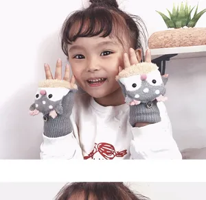 Kids winter half finger cute cartoon plush warm gloves soft knit mittens detail view