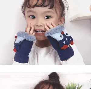 Kids winter cute cartoon half-finger flip plush warm knit gloves detail view.