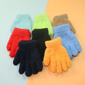Children winter fuzzy knit gloves detail, multi-color warm soft fleece gloves display.
