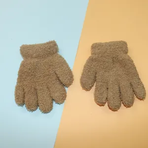 Children winter warm fleece lined knit gloves in brown, soft plush texture for outdoor daily wear.
