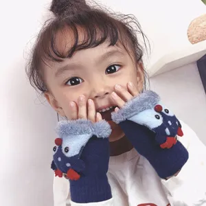 Cute kids winter warm half-finger gloves with cartoon animal design and plush trim.
