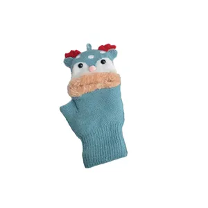 Kids winter half finger flip gloves cute cartoon warm knit gloves for children 3-7 years