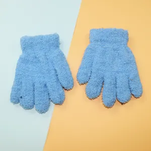 Kids winter warm blue gloves, soft half-velvet knit fleece lined cozy outdoor cycling mittens.