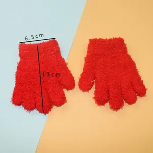 Kids red fuzzy knit gloves winter warm soft half finger mittens cozy toddler wear 13cm