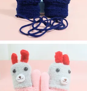 Kids winter warm knit mittens with cute animal design and anti-lost neck hanging string.