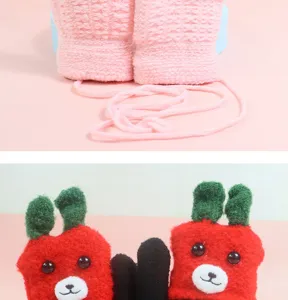 Kids winter warm gloves cute cartoon hanging neck design thick plush soft baby mittens detail.