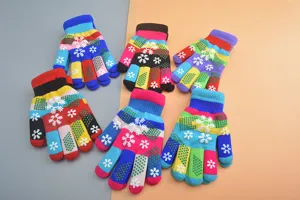 Children knitted five-finger gloves winter warm colorful snowflake pattern anti-slip gloves.