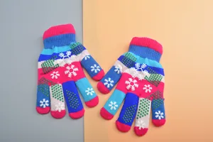 Kids winter warm knitted gloves colorful snowflake pattern anti-slip five-finger gloves