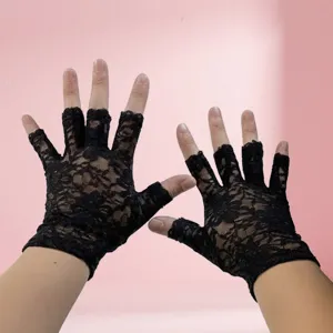 Black lace fingerless gloves for women, sheer floral sun protection driving gloves summer.