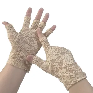 Beige lace fingerless gloves for women, summer thin floral sun protection driving cycling gloves