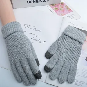 Grey knit touch screen gloves for winter, warm wool five-finger gloves for women and men.