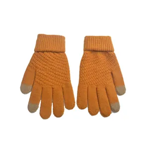 Knitted touchscreen gloves for winter warmth, cozy five-finger thermal gloves, orange style.