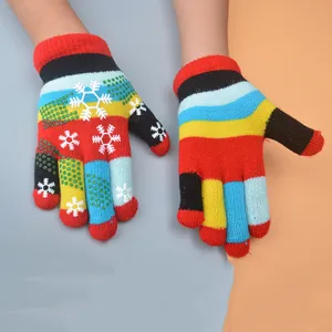Colorful snowflake kids knit gloves, five-finger winter warm thick children gloves.